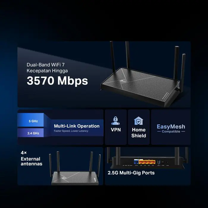 TP-Link Archer BE230 | BE3600 Dual-Band Wi-Fi 7 Router | 3.6 Gbps 2x Port 2.5G | Cakupan Maksimal | 4 Antena Eksternal | Kompatibel EasyMesh - Image 3
