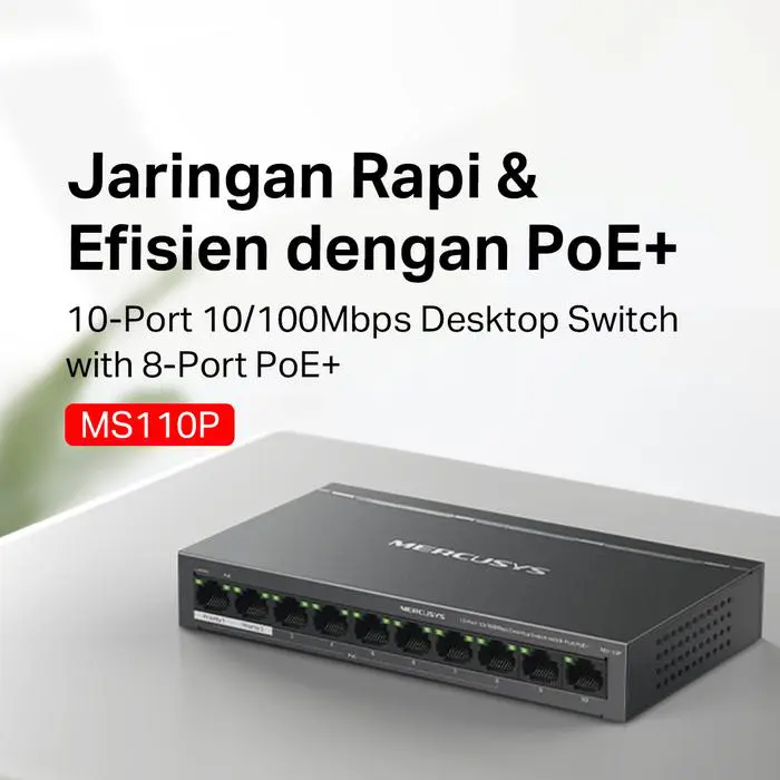 TP-Link | Mercusys MS110P 10-Port 10/100Mbps Desktop Switch with 8-Port PoE+ Metal - Image 2