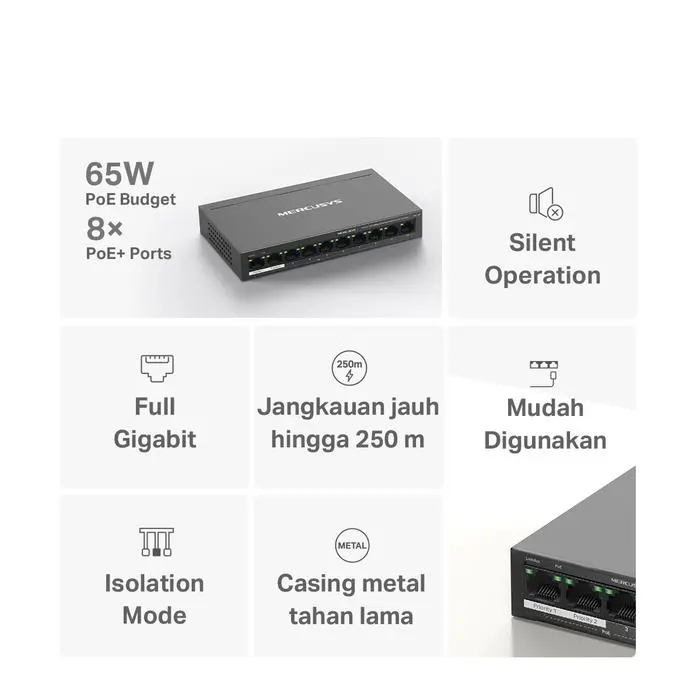 TP-Link | Mercusys MS110P 10-Port 10/100Mbps Desktop Switch with 8-Port PoE+ Metal - Image 3